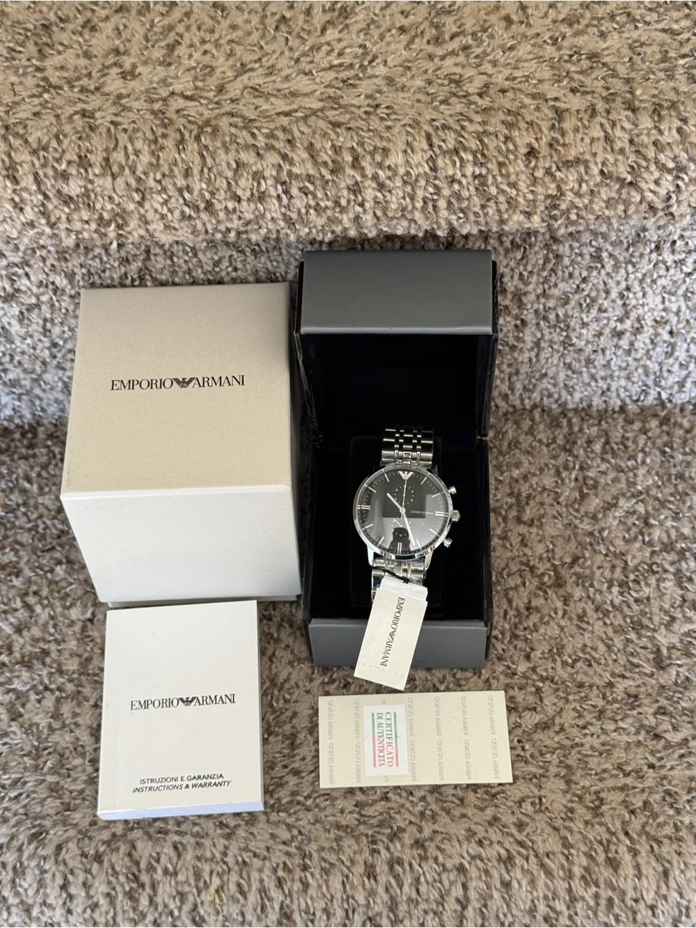 Emporio Armani Silver and Black Men's Chronograph Watch